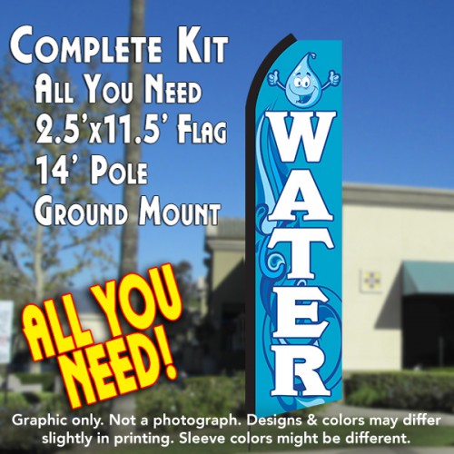 WATER (Blue/White) Flutter Feather Banner Flag Kit (Flag, Pole, & Ground Mt)
