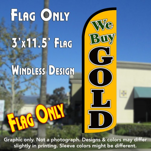 We Buy Gold (Gold/Black) Windless Polyknit Feather Flag (3 x 11.5 feet)