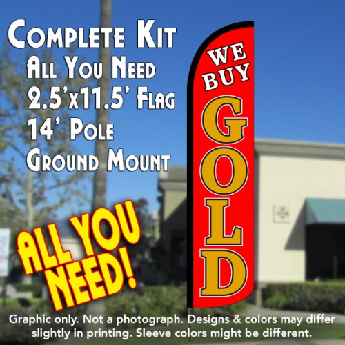 WE BUY GOLD (Red) Windless Feather Banner Flag Kit (Flag, Pole, & Ground Mt)