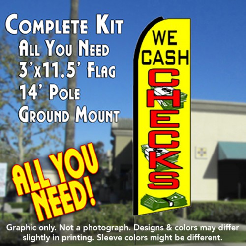 WE CASH CHECKS (Yellow) Flutter Feather Banner Flag Kit (Flag, Pole, & Ground Mt)
