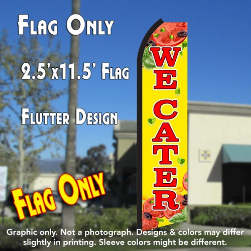 WE CATER (Yellow/Red) Flutter Polyknit Feather Flag (11.5 x 2.5 feet)
