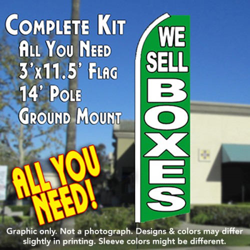 WE SELL BOXES (Green) Flutter Feather Banner Flag Kit (Flag, Pole, & Ground Mt)