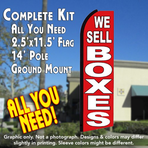 WE SELL BOXES (Red/White) Flutter Feather Banner Flag Kit (Flag, Pole, & Ground Mt)