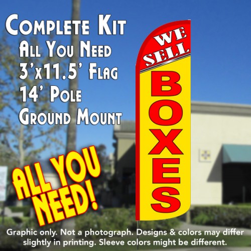 We Sell Boxes (Yellow/Red) Windless Feather Banner Flag Kit (Flag, Pole, & Ground Mt)
