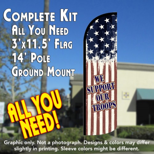 We Support Our Troops (Vintage) Windless Feather Banner Flag Kit (Flag, Pole, & Ground Mt)