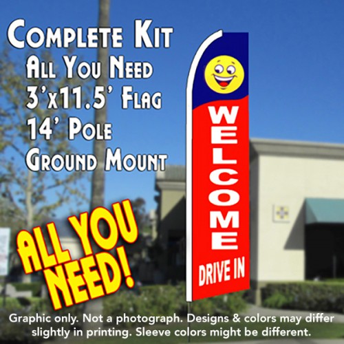 WELCOME DRIVE IN (Blue/Red) Flutter Feather Banner Flag Kit (Flag, Pole, & Ground Mt)