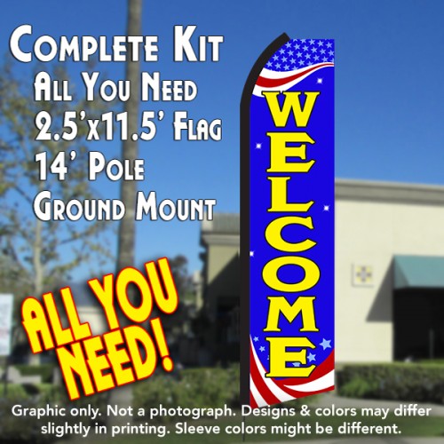 WELCOME (Patriotic) Flutter Feather Banner Flag Kit (Flag, Pole, & Ground Mt)