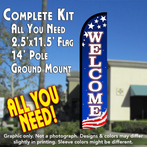 WELCOME (Patriotic White) Windless Feather Banner Flag Kit (Flag, Pole, & Ground Mt)