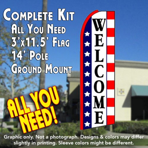 WELCOME (Stars & Stripes) Flutter Feather Banner Flag Kit (Flag, Pole, & Ground Mt)