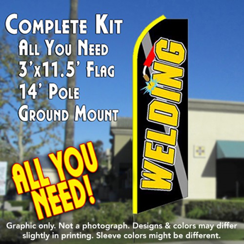 WELDING (Black) Flutter Feather Banner Flag Kit (Flag, Pole, & Ground Mt)