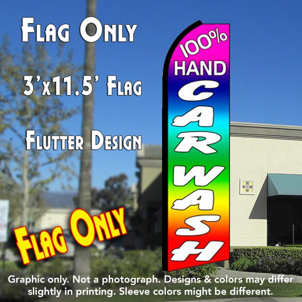100% HAND CAR WASH (Multi-colored) Flutter Feather Banner Flag (11.5 x  Feet) Overnight Grafix