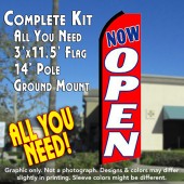 NOW OPEN (Red/White) Flutter Feather Banner Flag Kit (Flag, Pole, & Ground Mt)