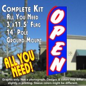 OPEN (Blue/White) Flutter Feather Banner Flag Kit (Flag, Pole, & Ground Mt)