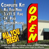 OPEN (Red/Yellow) Flutter Feather Banner Flag Kit (Flag, Pole, & Ground Mt)