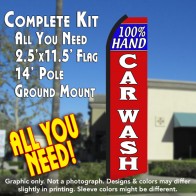 100% HAND CAR WASH (Blue/Red) Flutter Feather Banner Flag Kit (Flag, Pole, & Ground Mt)