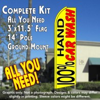 100% HAND CAR WASH (Yellow) Flutter Feather Banner Flag Kit (Flag, Pole, & Ground Mt)