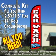 CAR WASH (Red/Bubbles) Windless Feather Banner Flag Kit (Flag, Pole, & Ground Mt)