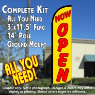 Now Open (Yellow/Red) Windless Feather Banner Flag Kit (Flag, Pole, & Ground Mt)