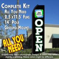 OPEN 24 Hours (Black/White) Flutter Feather Banner Flag Kit (Flag, Pole, & Ground Mt)