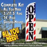 Open (Patriotic Waves) Windless Feather Banner Flag Kit (Flag, Pole, & Ground Mt)