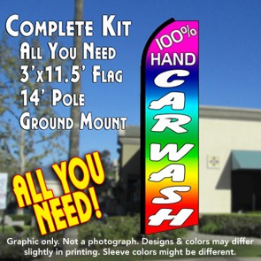 100% HAND CAR WASH (Multi-colored) Flutter Feather Banner Flag Kit (Flag, Pole, & Ground Mt)