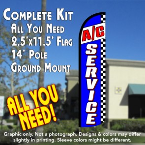 A/C SERVICE (Blue/Checks) Windless Feather Banner Flag Kit (Flag, Pole, & Ground Mt)