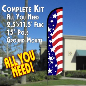 USA AMERICAN BEAUTY Windless Feather Banner Flag Kit (Flag, Pole, & Ground Mt)