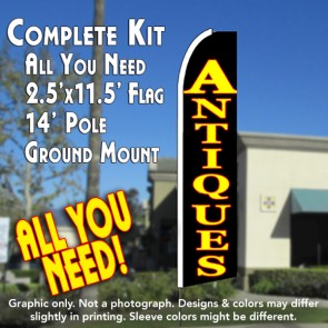 ANTIQUES (Black) Flutter Feather Banner Flag Kit (Flag, Pole, and Ground Mount)