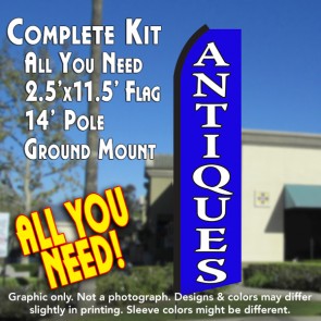 ANTIQUES (Blue/White) Flutter Feather Banner Flag Kit (Flag, Pole, & Ground Mt)
