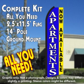 APARTMENTS NOW AVAILABLE (Blue/Yellow) Flutter Feather Banner Flag Kit (Flag, Pole, & Ground Mt)