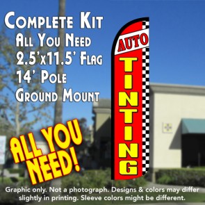 AUTO TINTING (Red/Checkered) Windless Feather Banner Flag Kit (Flag, Pole, & Ground Mt)