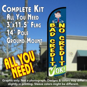 Bad Credit No Credit OK Windless Feather Banner Flag Kit (Flag, Pole, & Ground Mt)