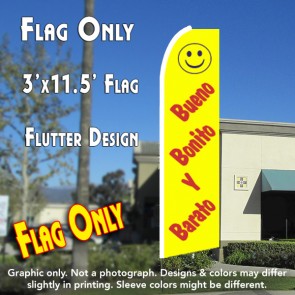 BUENO BONITO BARATO (Yellow) Flutter Feather Banner Flag (11.5 x 3 Feet)