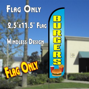 BURGERS (Blue/Yellow) Windless Polyknit Feather Flag (2.5 x 11.5 feet)