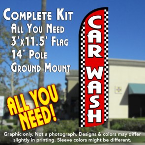 Car Wash (Red/Checkered) Windless Feather Banner Flag Kit (Flag, Pole, & Ground Mt)