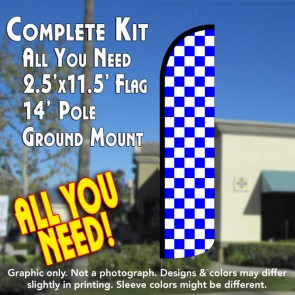 Checkered BLUE/WHITE Windless Feather Banner Flag Kit (Flag, Pole, & Ground Mt)