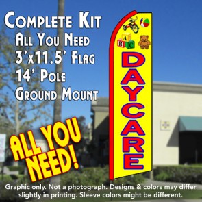 DAYCARE (Yellow/Blocks) Flutter Feather Banner Flag Kit (Flag, Pole, & Ground Mt)