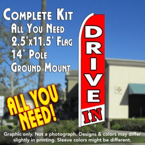 DRIVE IN (Red/White) Flutter Feather Banner Flag Kit (Flag, Pole, & Ground Mt)