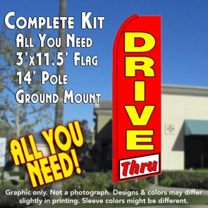 DRIVE THRU (Red/White) Flutter Feather Banner Flag Kit (Flag, Pole, & Ground Mt)