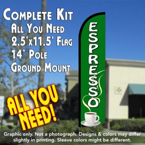 ESPRESSO (Green/White) Windless Feather Banner Flag Kit (Flag, Pole, & Ground Mt)