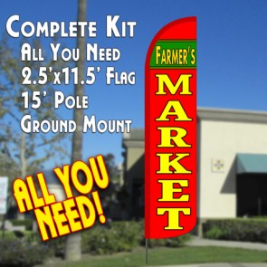 Farmers Market (Red) Windless Feather Banner Flag Kit (Flag, Pole, & Ground Mt)