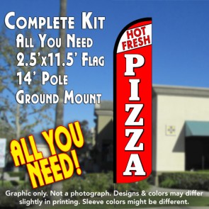 FRESH HOT PIZZA (White/Red) Windless Feather Banner Flag Kit (Flag, Pole, & Ground Mt)