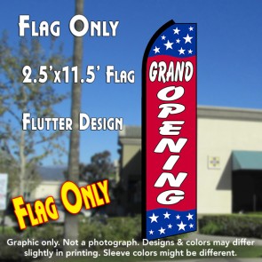 GRAND OPENING (Blue/Red/Stars) Flutter Polyknit Feather Flag (11.5 x 2.5 feet)
