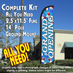 GRAND OPENING (Blue/White) Windless Feather Banner Flag Kit (Flag, Pole, & Ground Mt)
