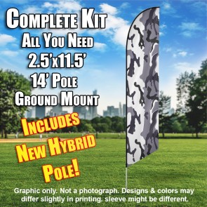 Winter Camo Gray white windless Feather Banner Flag Kit (Flag, Pole, & Ground Mt)