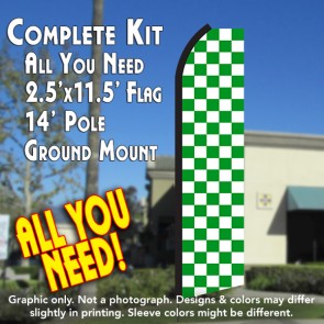 Checkered GREEN/WHITE Flutter Feather Banner Flag Kit (Flag, Pole, & Ground Mt)