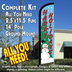 HAPPY HOLIDAYS (Snowman) Windless Feather Banner Flag Kit (Flag, Pole, & Ground Mt)