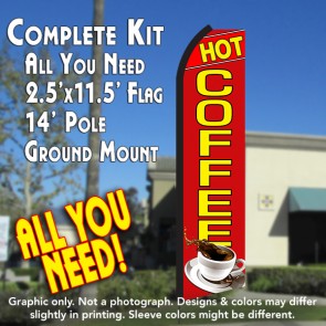 HOT COFFEE (Red/Yellow) Flutter Feather Banner Flag Kit (Flag, Pole, & Ground Mt)