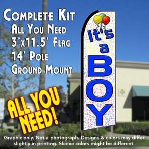 IT'S A BOY (White) Flutter Feather Banner Flag Kit (Flag, Pole, & Ground Mt)
