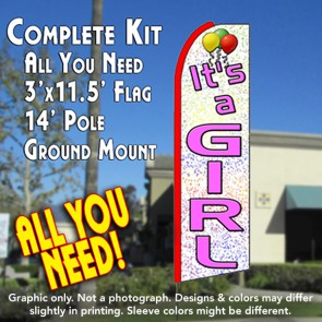 IT'S A GIRL (White) Flutter Feather Banner Flag Kit (Flag, Pole, & Ground Mt)